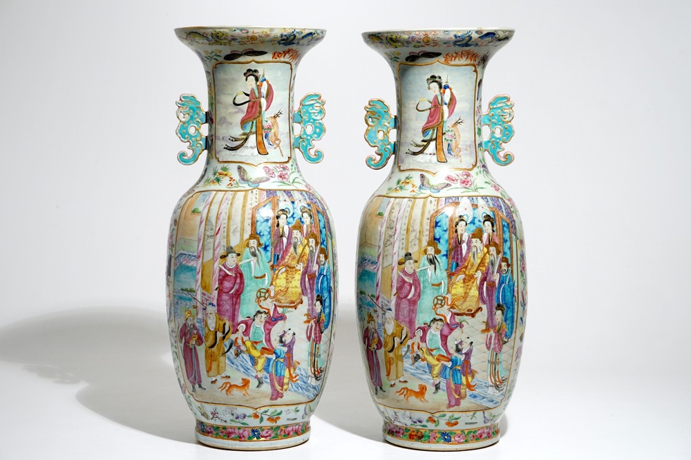 A pair of fine tall Chinese Canton famille rose vases, 19th C.