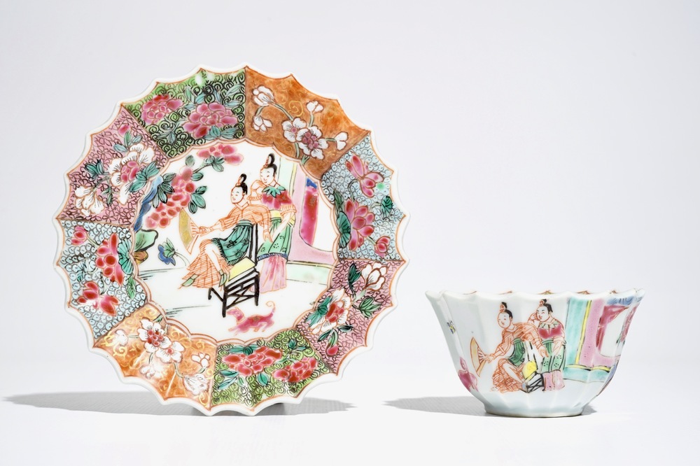 A Chinese lobed famille rose cup and saucer, Yongzheng