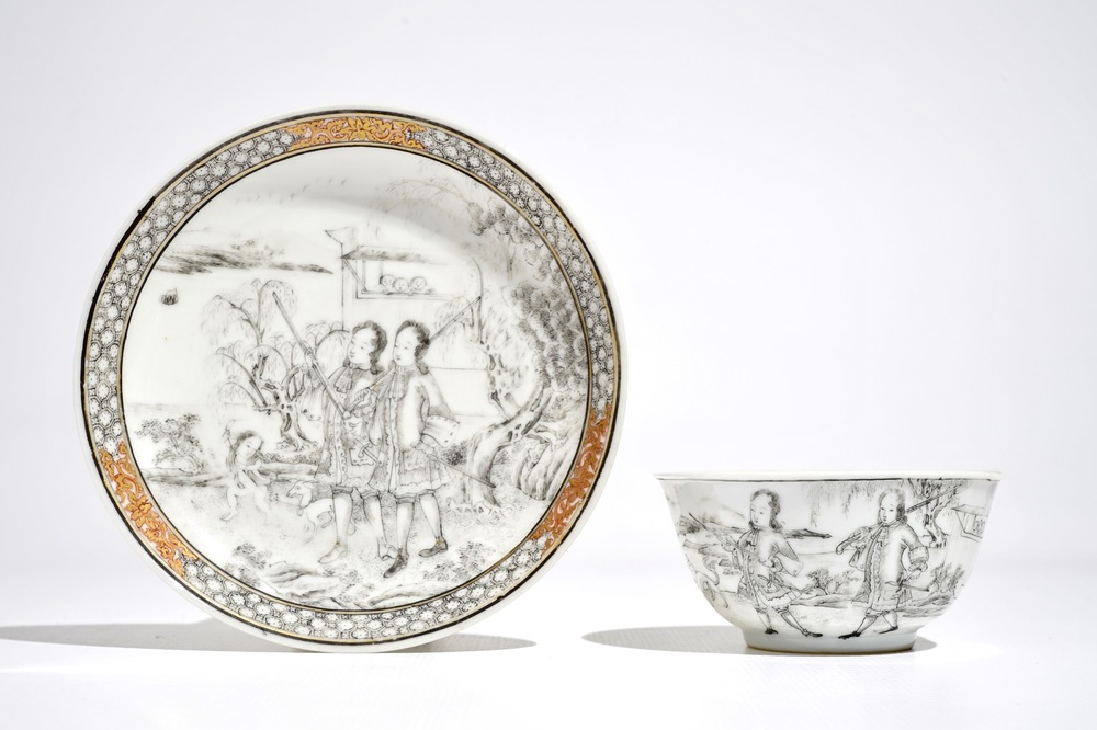 A Chinese grisaille cup and saucer with Europeans, Yongzheng