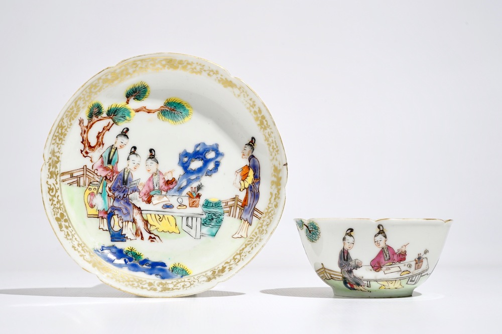 A Chinese famille rose mandarin cup and saucer, Qianlong
