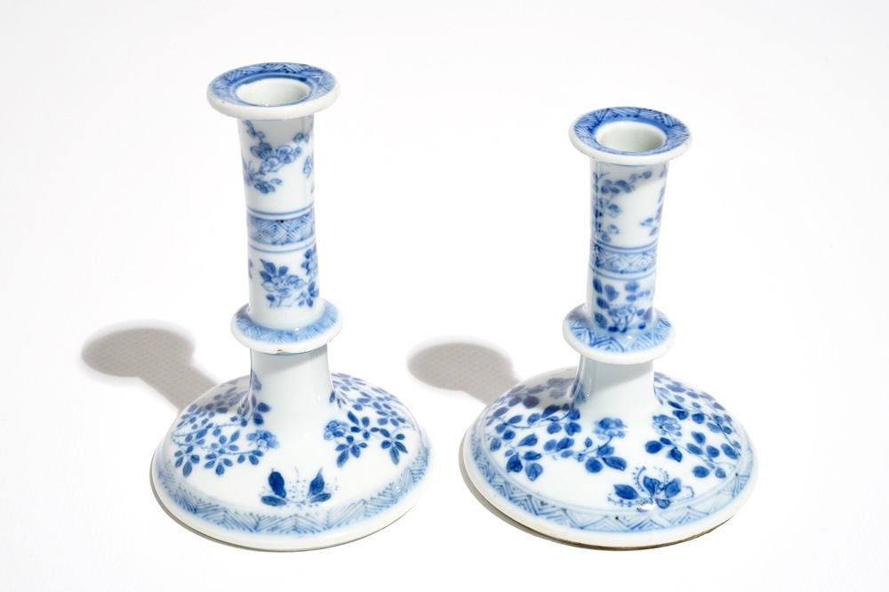 Two small Chinese blue and white candlesticks, Kangxi