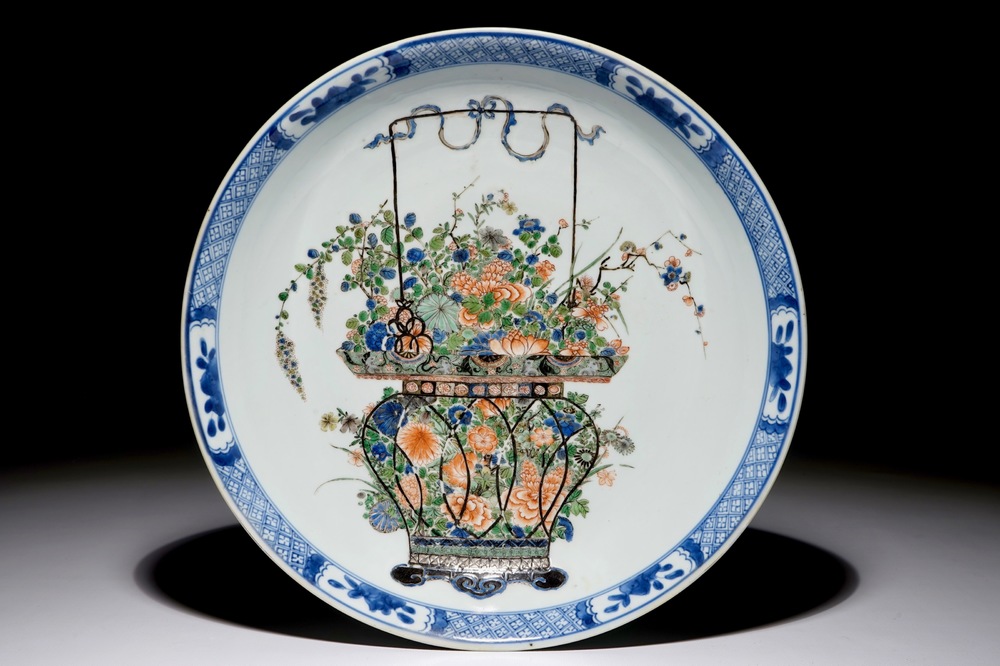 A Chinese famille verte dish with a flower basket, Kangxi