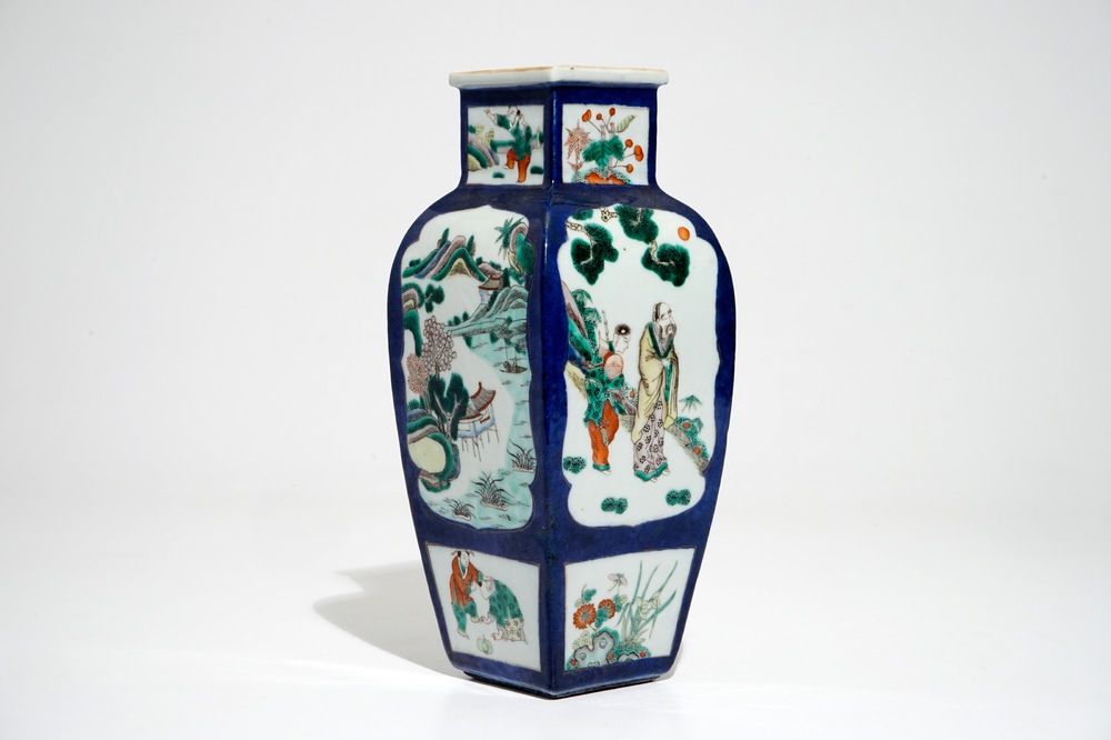 A Chinese blue-ground famille verte vase, 19th C.