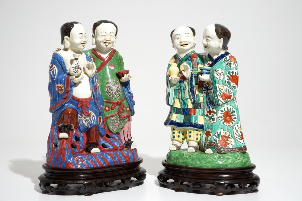 Two tall Chinese famille rose groups of the Hehe Er Xian brothers, 19/20th C.