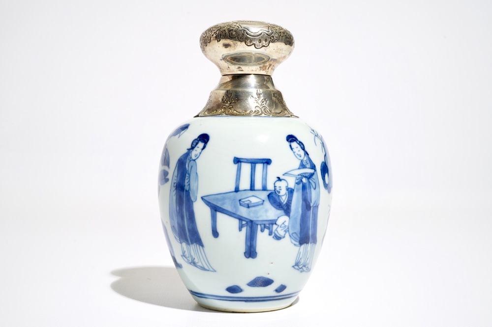 A Chinese blue and white silver-mounted tea caddy, Kangxi