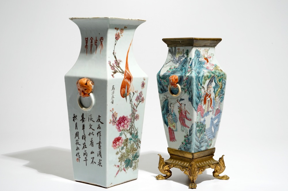 A square Chinese qianjiang cai vase marked Zhou Xiao Song and a bronze-mounted famille rose vase, 19/20th C.