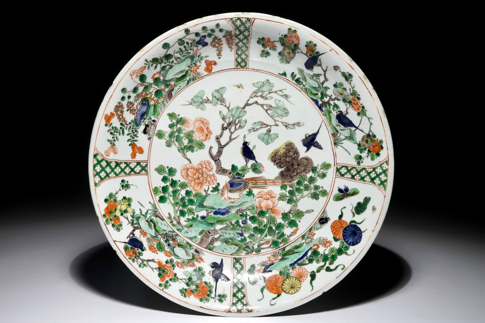 A Chinese famille verte dish with birds among foliage, Kangxi