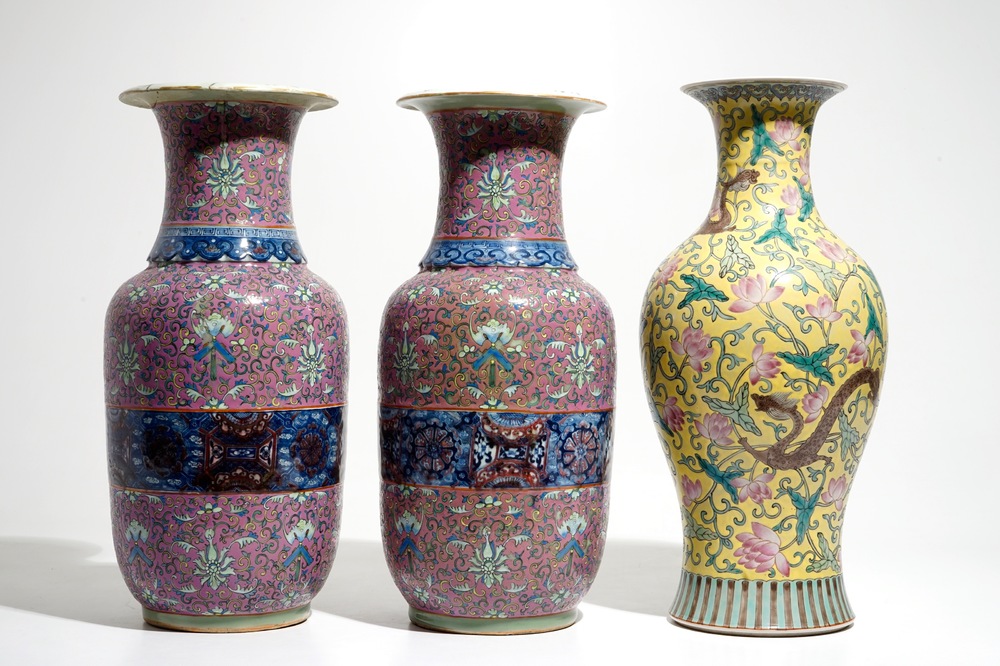 A pair of Chinese famille rose vases and a yellow-ground dragon vase, 19/20th C.