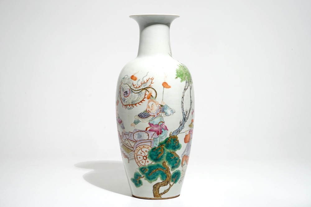 A Chinese famille rose warriors vase, 19th C.