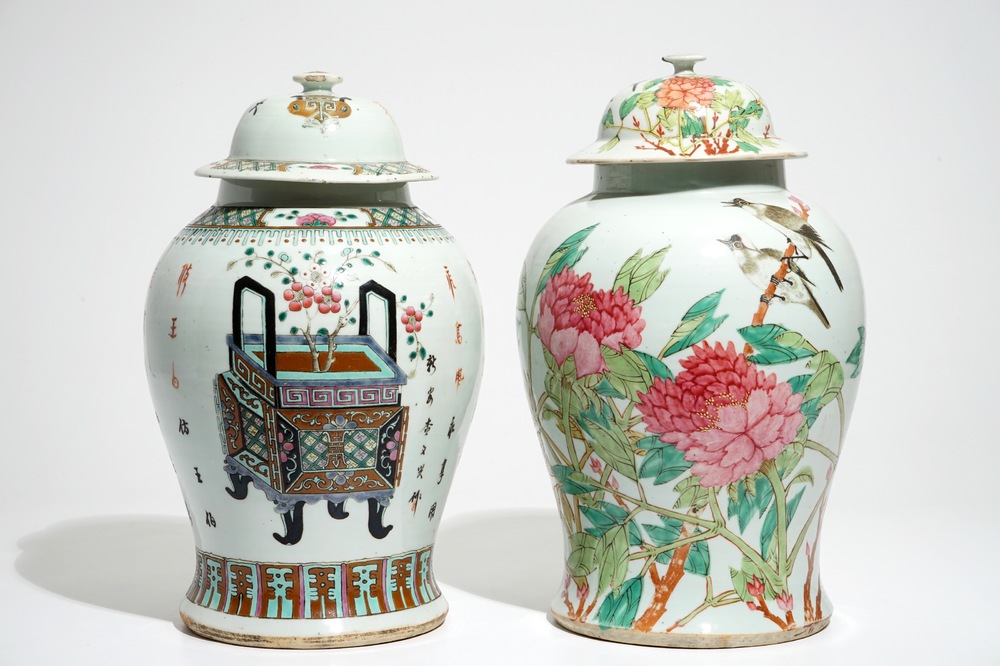 Two Chinese famille rose and qianjiang cai baluster vases and covers, 19/20th C.