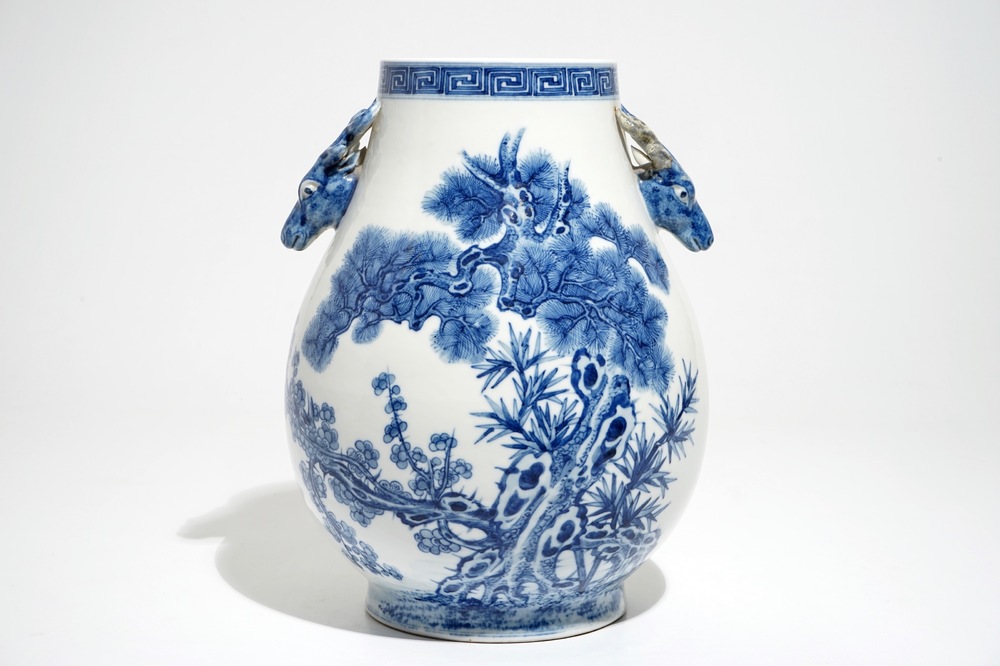 A Chinese blue and white &ldquo;Three Friends of Winter&rdquo; hu vase, Qianlong mark, 19/20th C.