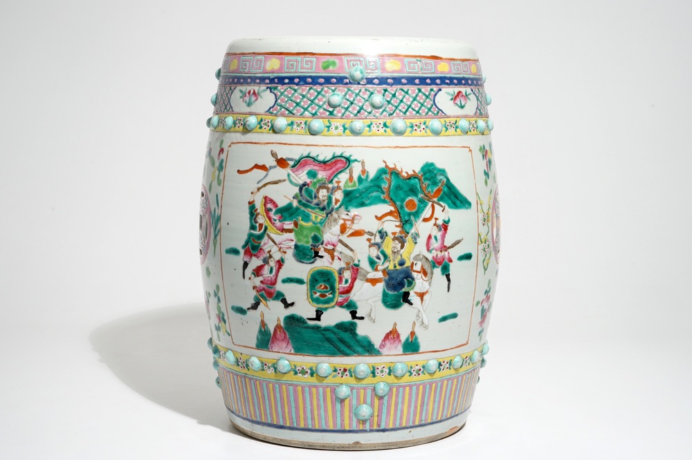A Chinese famille rose garden seat with warriors, 19th C.