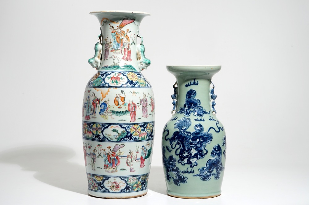 A tall Chinese famille rose vase and a celadon-ground vase, 19th C.
