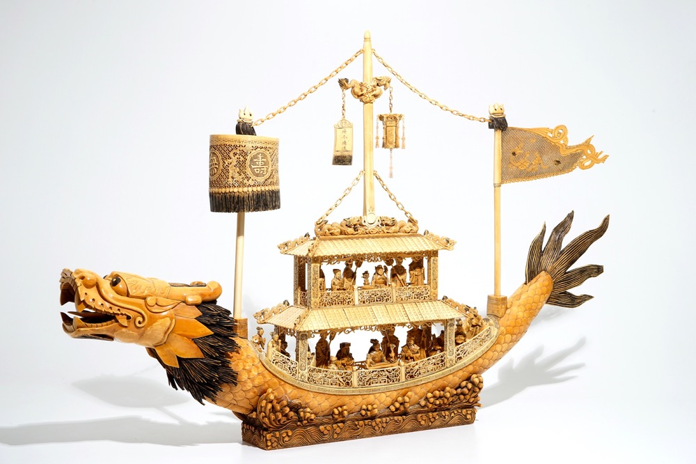 A very large Chinese carved ivory model of a dragon boat, 19th C.