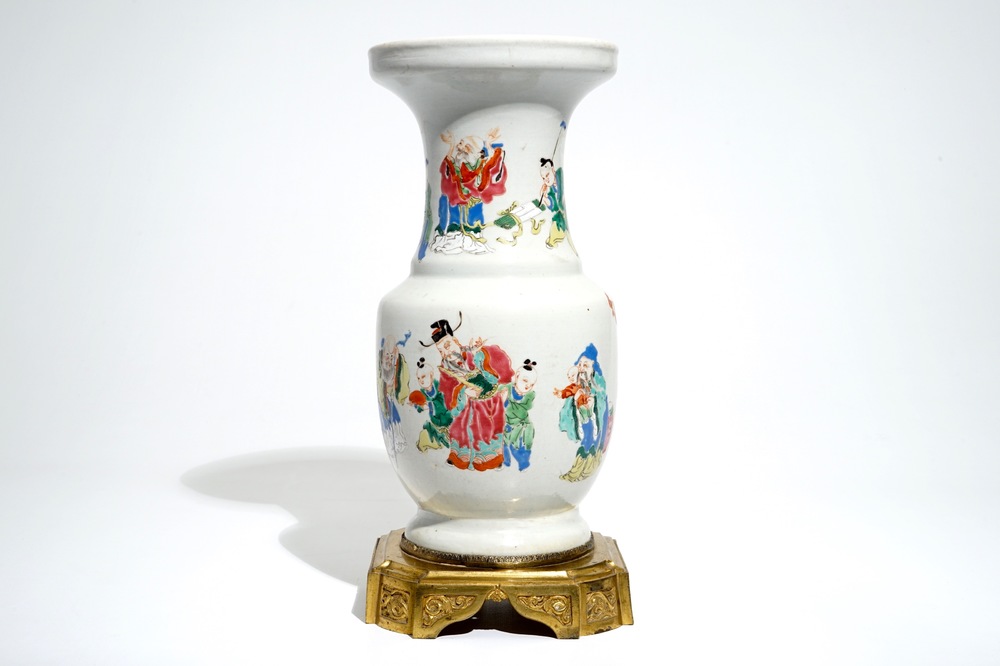 A Chinese bronze-mounted famille rose vase with figures, Yongzheng