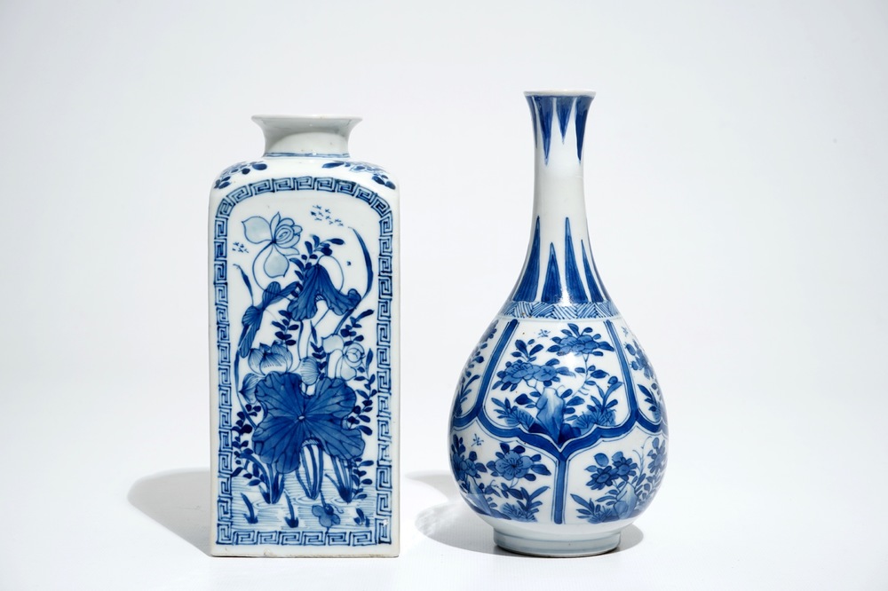 Un vase de forme bouteille et une bo&icirc;te &agrave; th&eacute; en porcelaine de Chine bleu et blanc, Kangxi