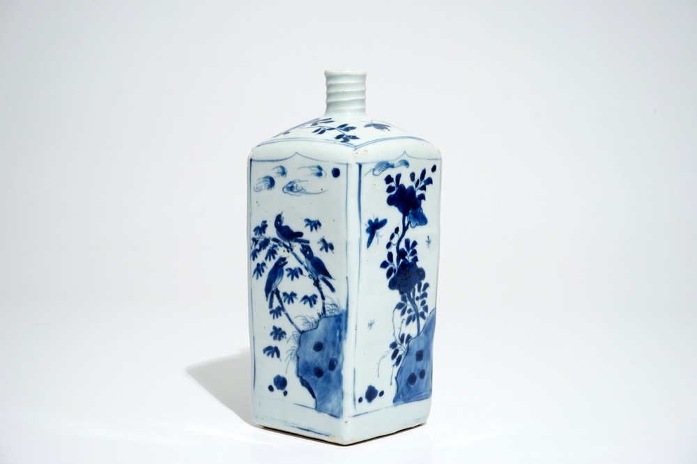 A Chinese blue and white square gin bottle, Transitional period