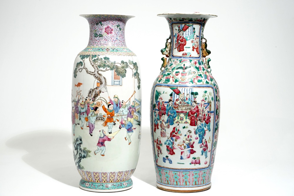 Two tall Chinese famille rose vases with playing boys and court scenes, 19th and 20th C.