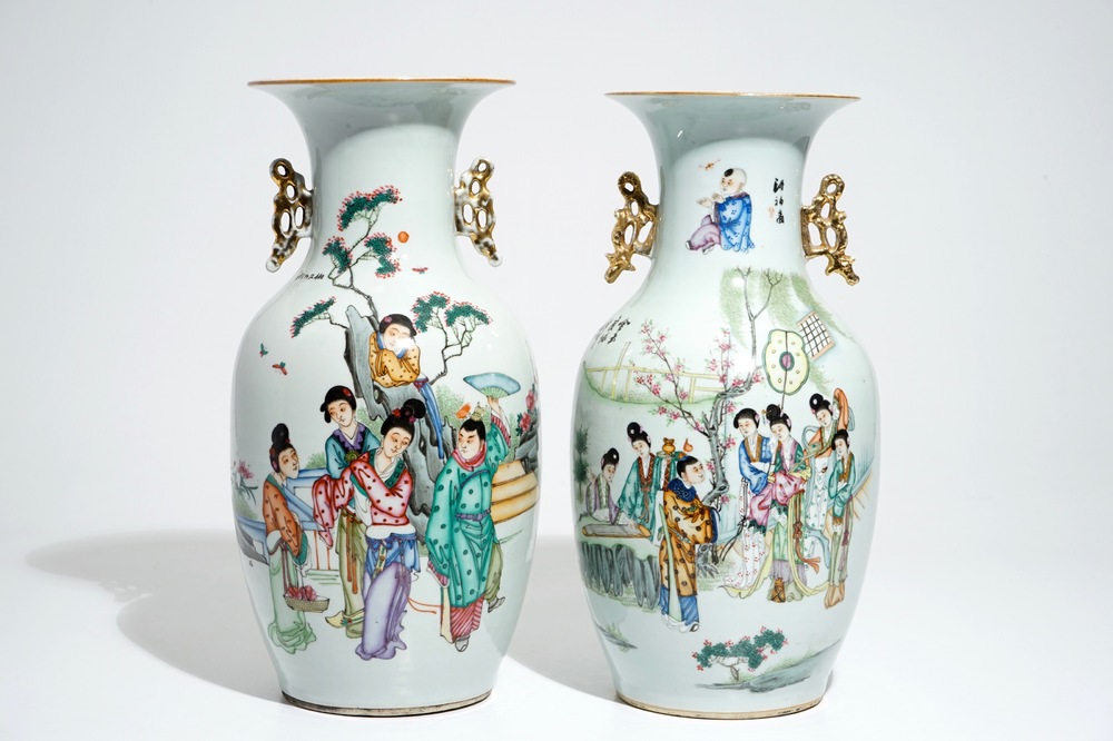 Twee Chinese famille rose vazen met hofsc&egrave;nes en florale decors, 19/20e eeuw