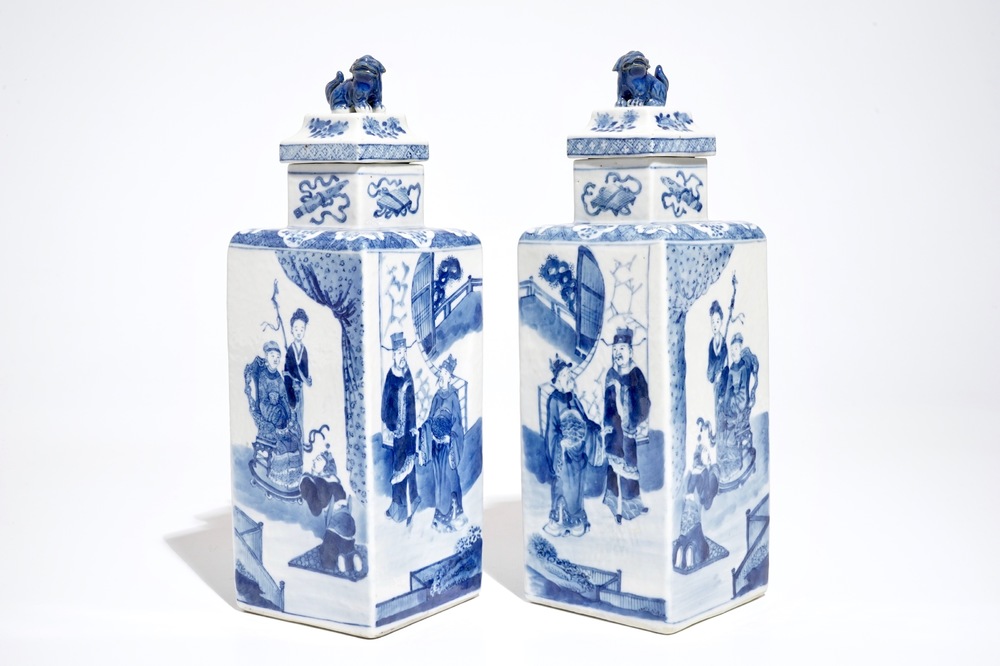 A pair of square Chinese blue and white vases and covers, Kangxi mark, 19th C.