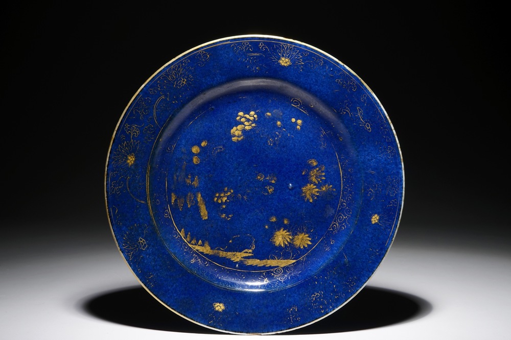A Chinese powder blue and gilt dish, Kangxi