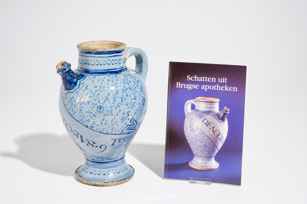 An Antwerp maiolica light blue ground wet drug jar, mid-16th C.