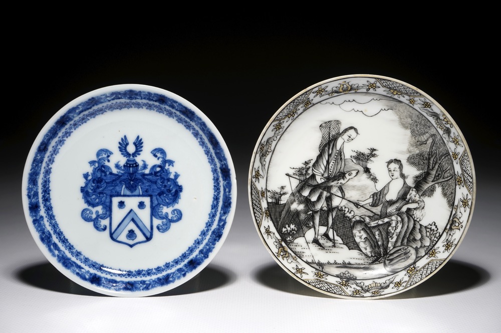 A fine Chinese grisaille "Agua" saucer and a blue and white armorial one for the Dutch market, Qianlong