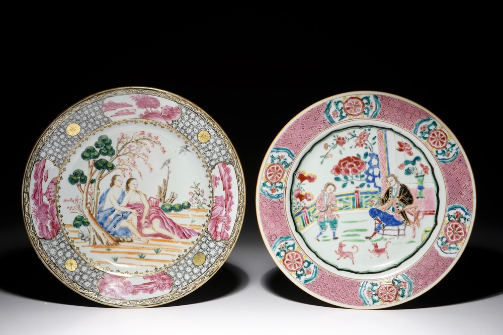 Two Chinese export famille rose plates with European figures, Qianlong