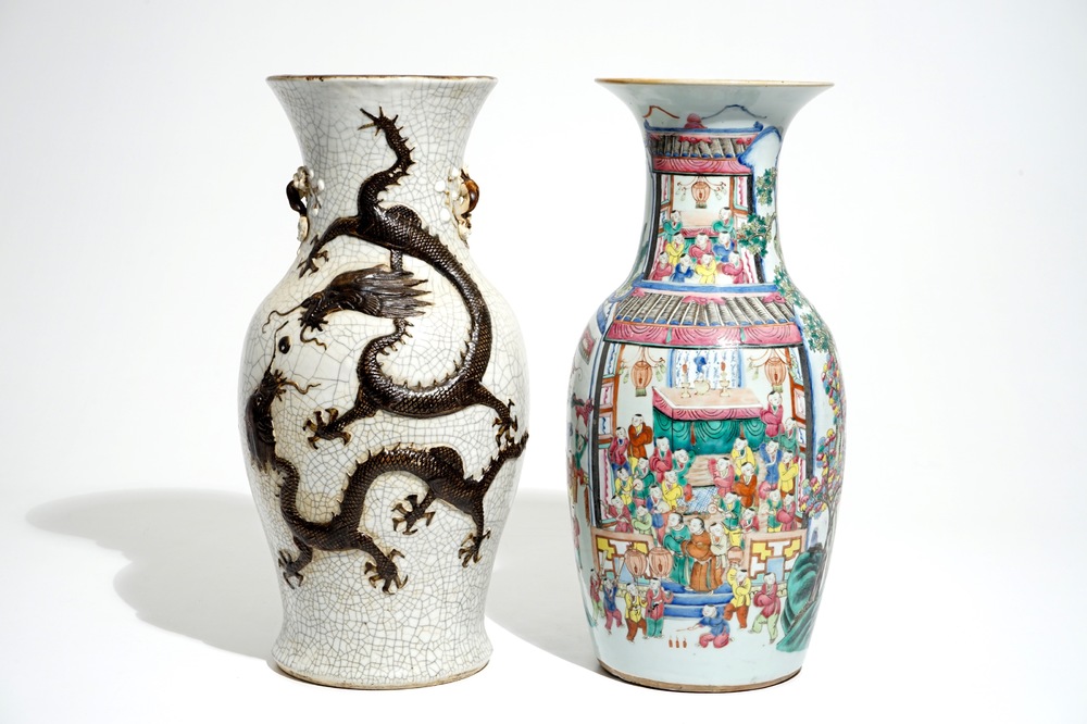 A Chinese famille rose "100 boys" vase and a Nanking dragon vase, 19th C.
