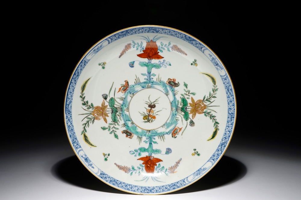 A Chinese famille verte doucai dish with mandarin ducks, Kangxi
