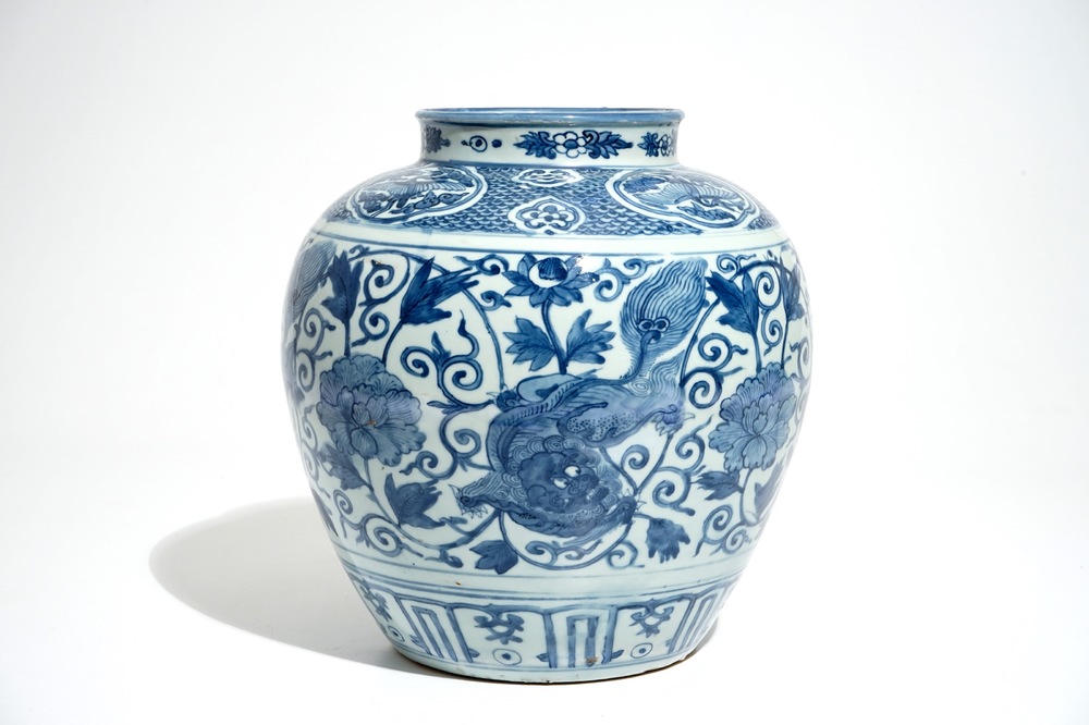 A Chinese blue and white vase with Buddhist lions and peonies, Ming, Wanli
