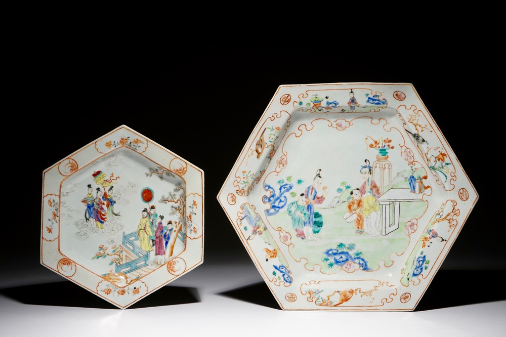 Two Chinese famille rose hexagonal dishes with mandarin designs, Qianlong
