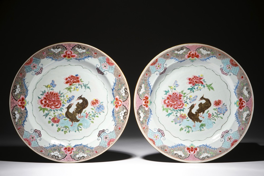 A pair of large Chinese famille rose chargers with mandarin ducks, Yongzheng
