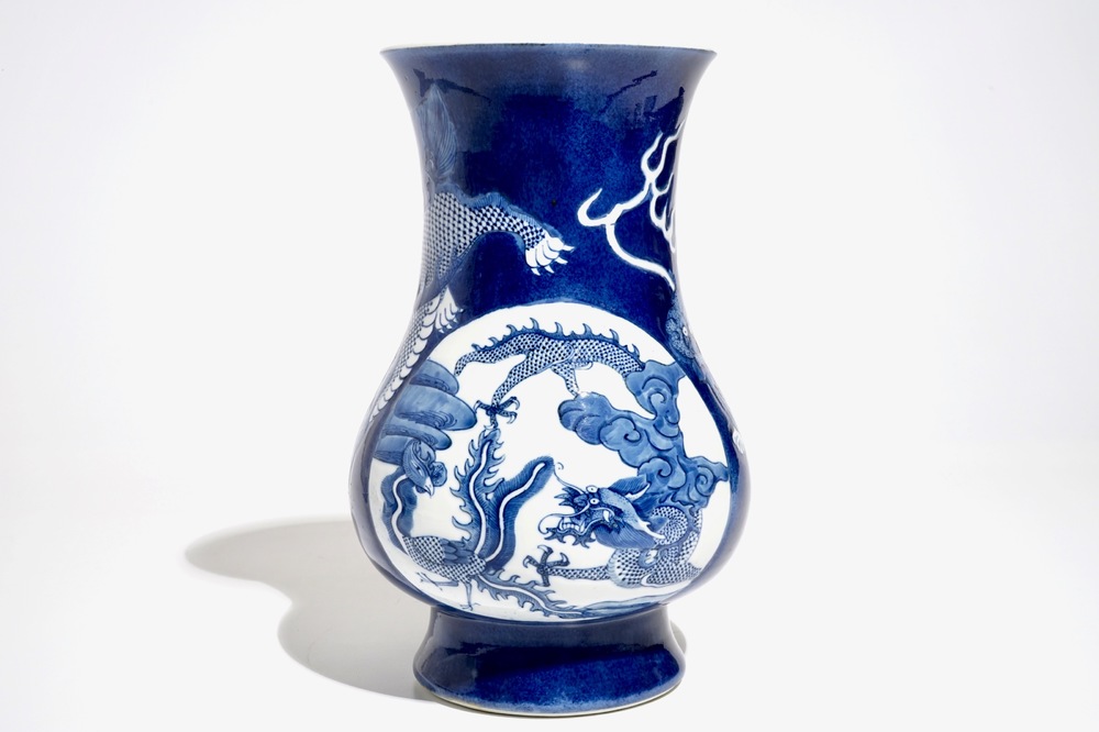 A Chinese blue and white relief-decorated hu vase with mythical beasts, Chenghua mark, 19/20th C.