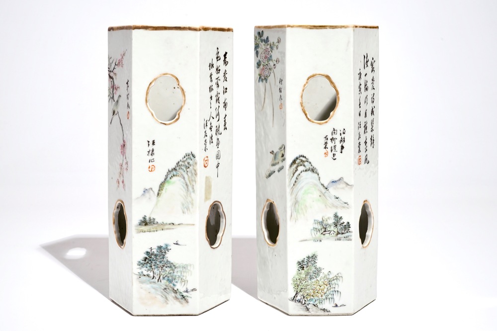 A pair of Chinese reticulated hexagonal qianjiang cai hat stands, 19/20th C.