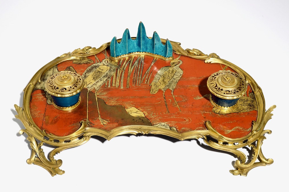 A Louis XV ormolu-mounted lacquer and turquoise Chinese porcelain inkstand, Kangxi and ca. 1740