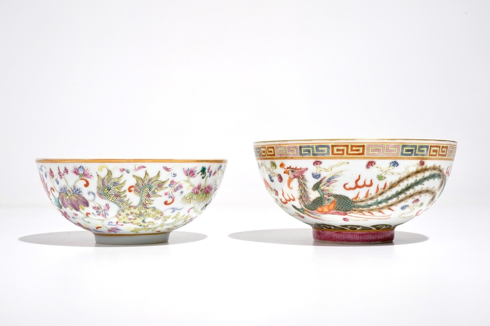 Two Chinese famille rose bowls with dragons and phoenixes, Daoguang and Guangxu mark, 19/20th C.