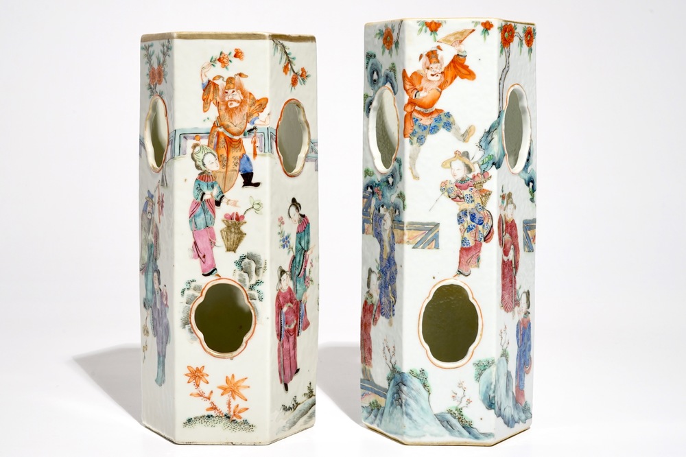 Two Chinese famille rose reticulated hexagonal hat stands, 19th C.