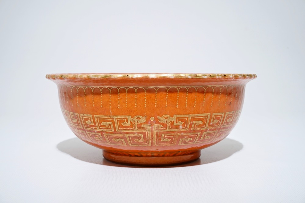 A Chinese coral-glazed and gilt bowl, Daoguang mark, 19th C.