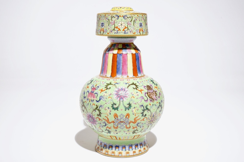 A Chinese famille rose on lime green-ground vase, Qianlong mark, 20th C.
