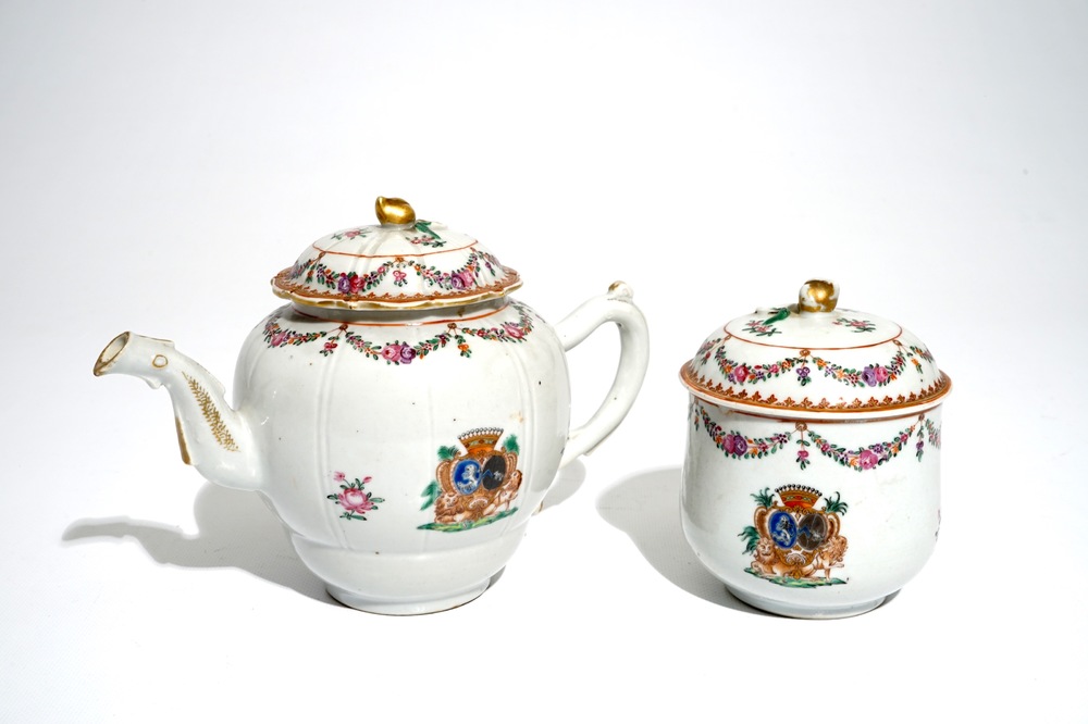 A Chinese armorial teapot and a covered sugar bowl for the French market, Qianlong