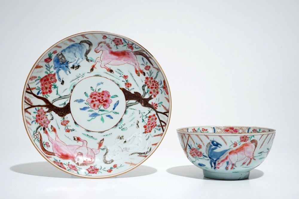 A Chinese famille rose bowl and plate with horse design, Yongzheng
