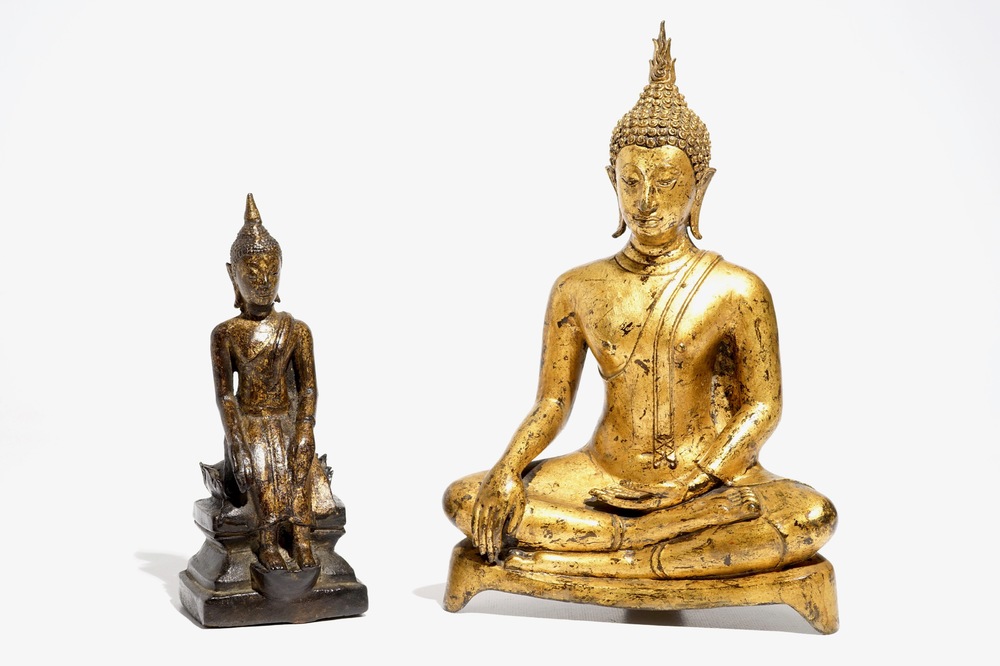 Two Thai gilt bronze figures of Buddha, 19/20th C.