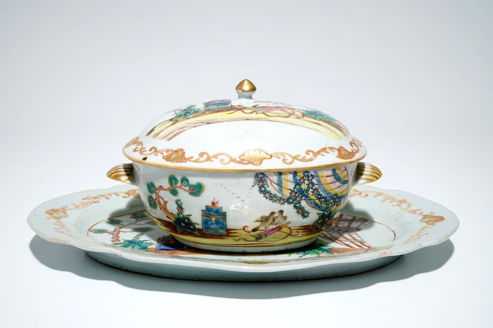 A Chinese famille rose Valentine dove pattern tureen and cover on stand, Qianlong