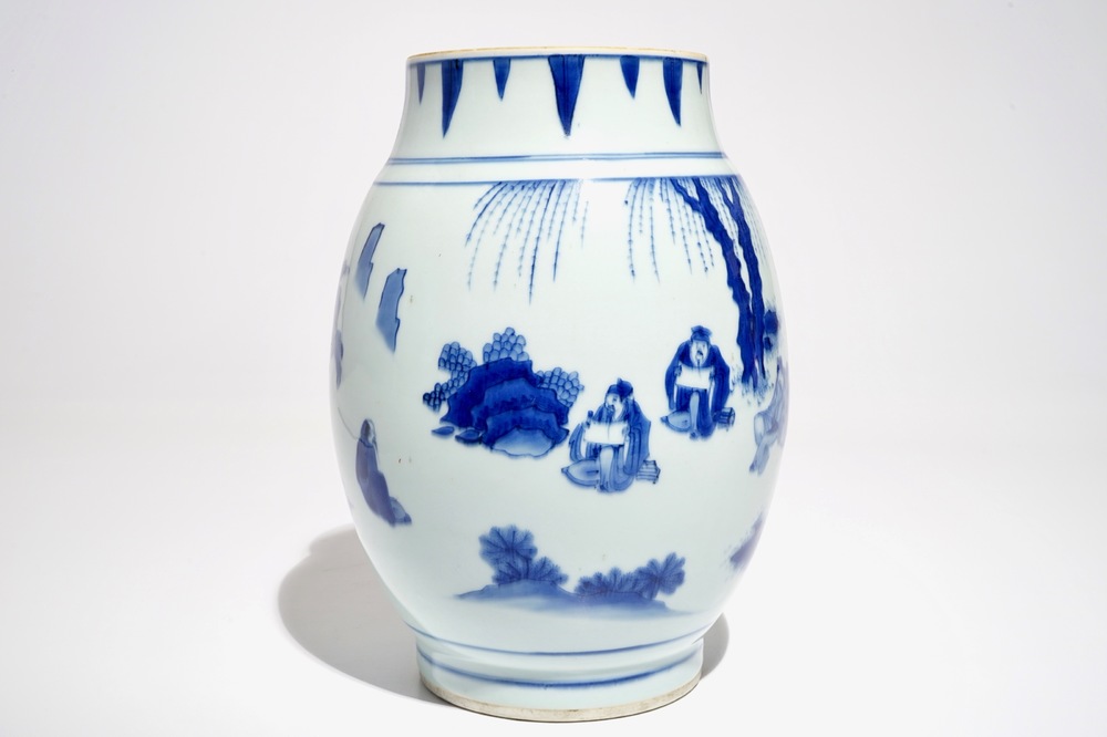 A Chinese blue and white olive-shaped vase with figures, Chongzhen, Transitional period
