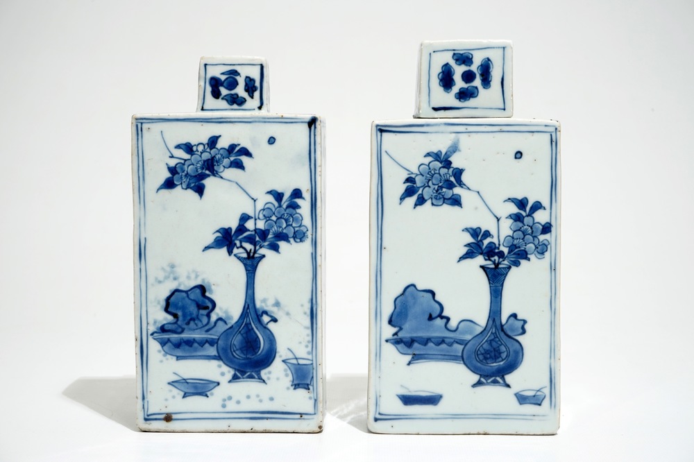 A pair of Chinese blue and white rectangular tea caddies, Chongzhen, Transitional period