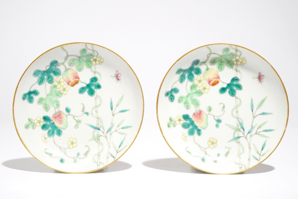 A pair of Chinese famille rose saucer plates with balsam pear design, Guangxu mark, 19/20th C.