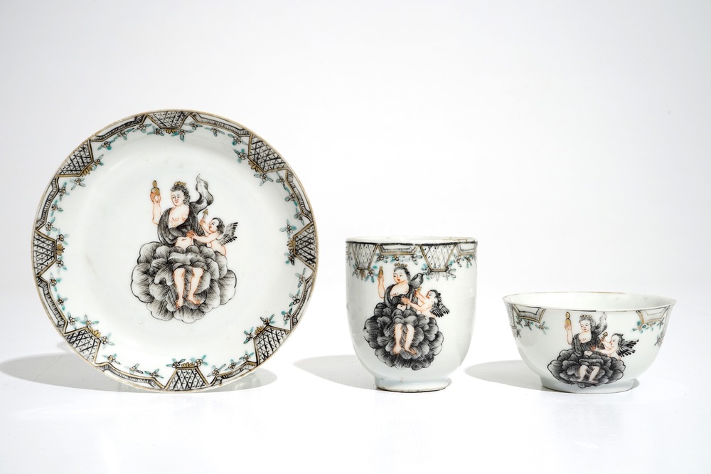 Two Chinese grisaille mythological subject "Venus and Cupid" cups and saucer, Qianlong