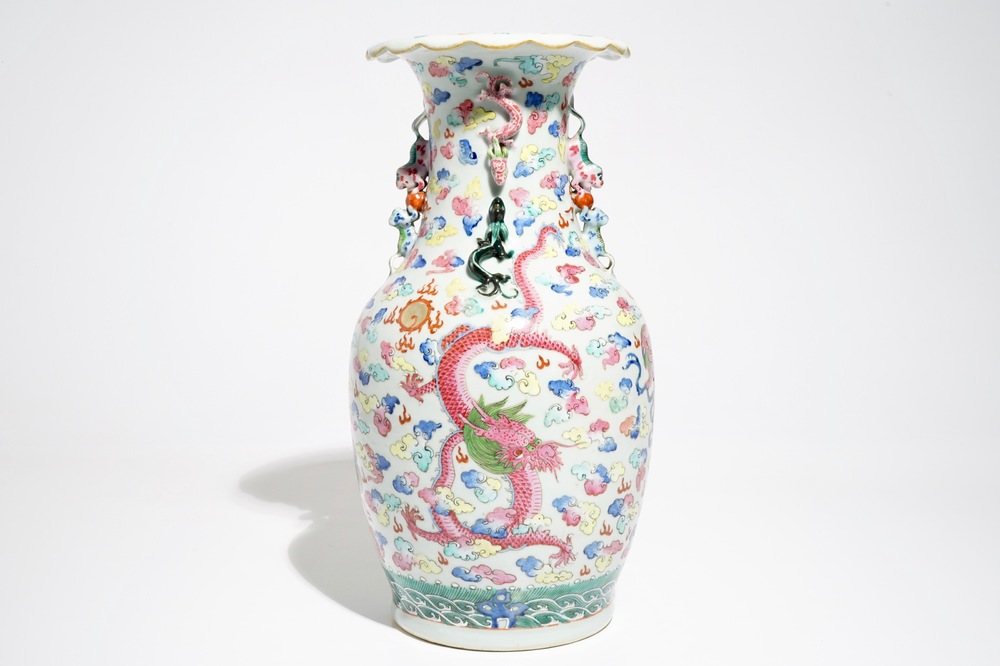 A Chinese famille rose dragon vase, 19th C.