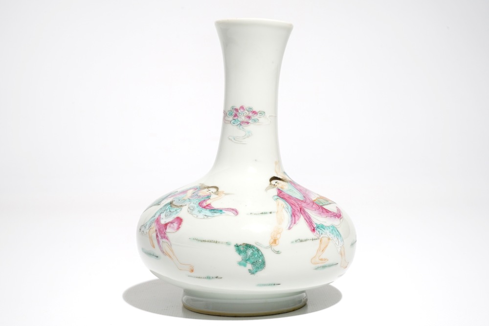 A Chinese famille rose Hehe Er Xian brothers vase, Qianlong mark, 20th C.